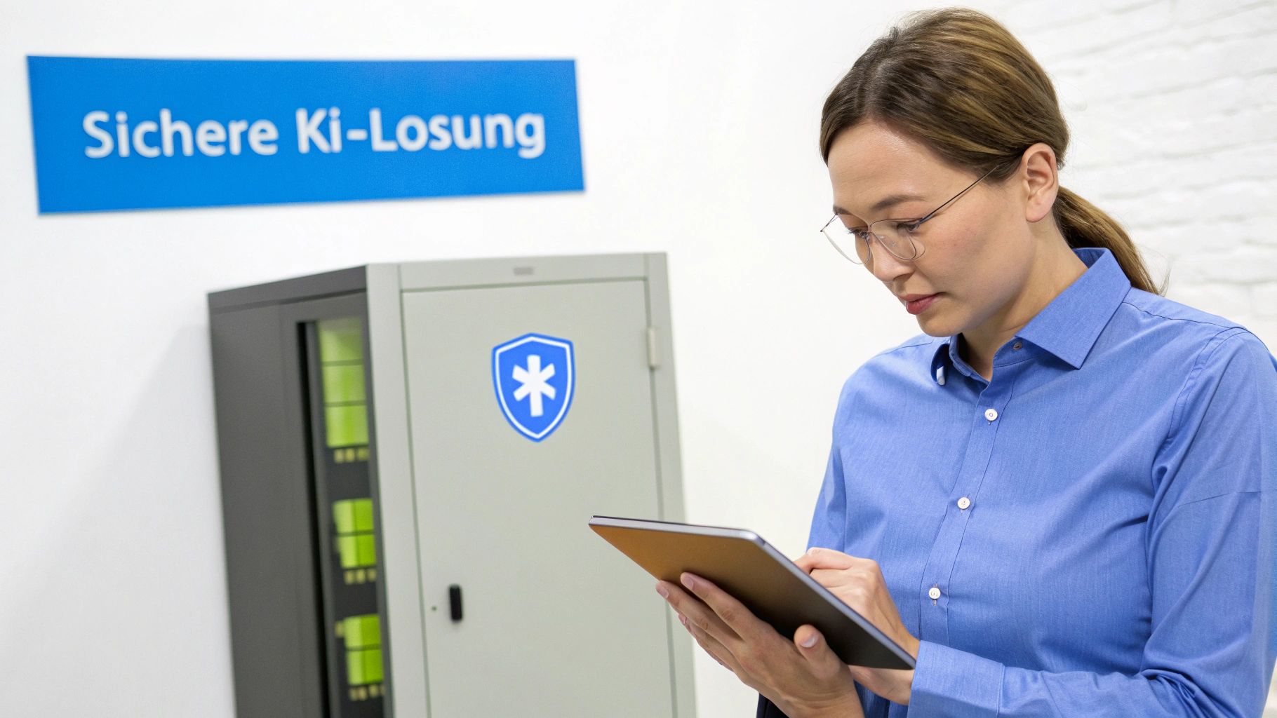 Eine Frau mit Brille und blauem Hemd arbeitet an einem Tablet vor Server-Schräken und einem Schild 'Sichere KI-Lösung'.
