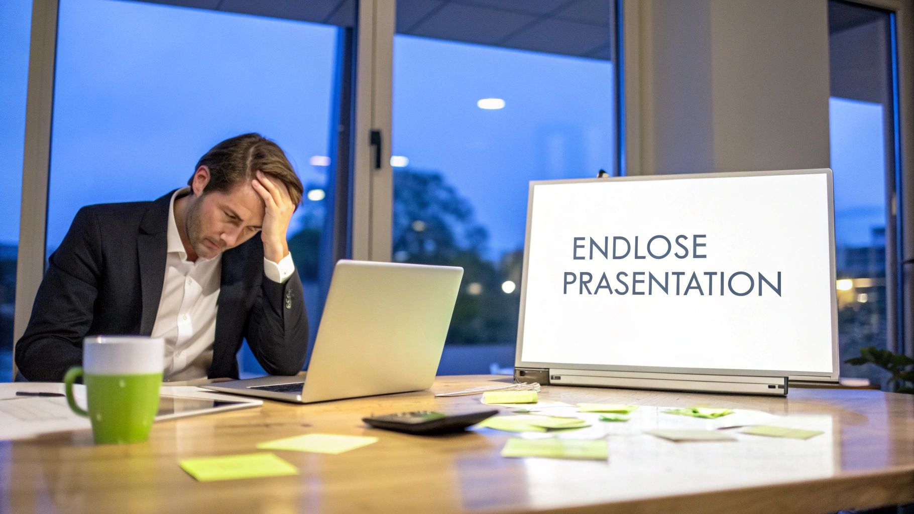 Ein gestresster Mann sitzt vor einem Laptop, während ein Whiteboard „ENDLOSE PRÄSENTATION“ anzeigt.