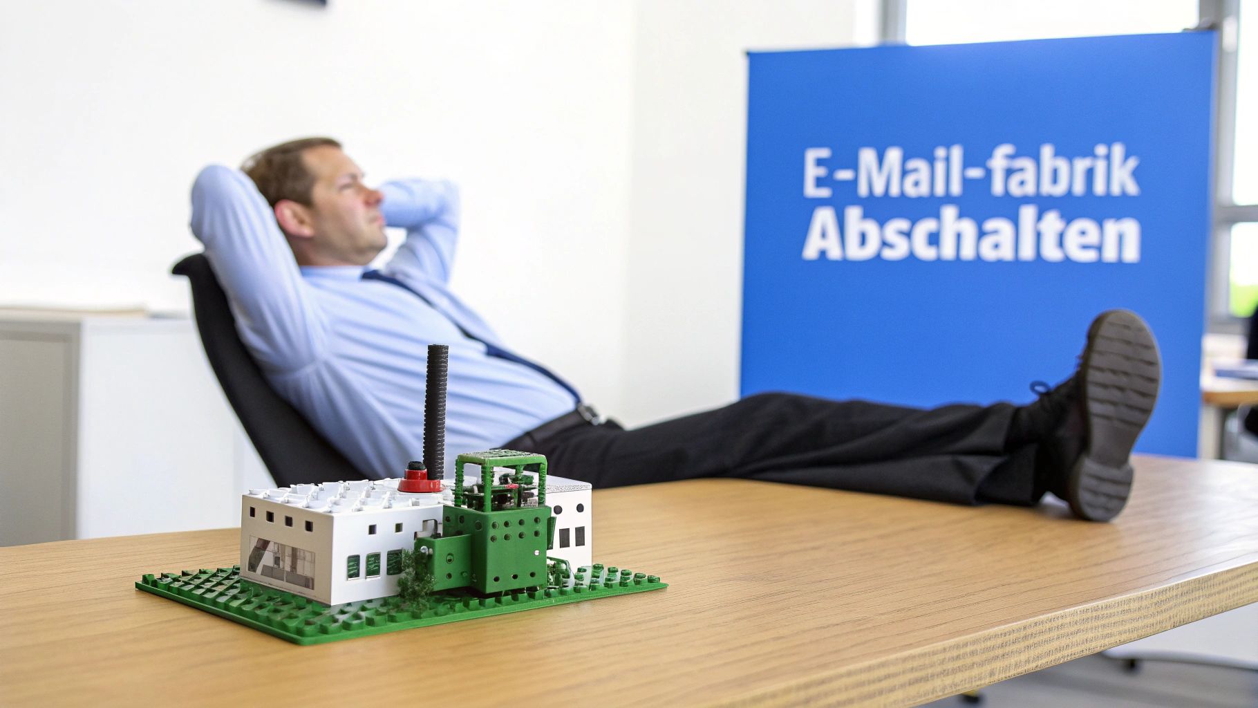 Mann entspannt vor einem Modell der E-Mail-Fabrik, mit dem Banner 'E-Mail-Fabrik Abschalten'.