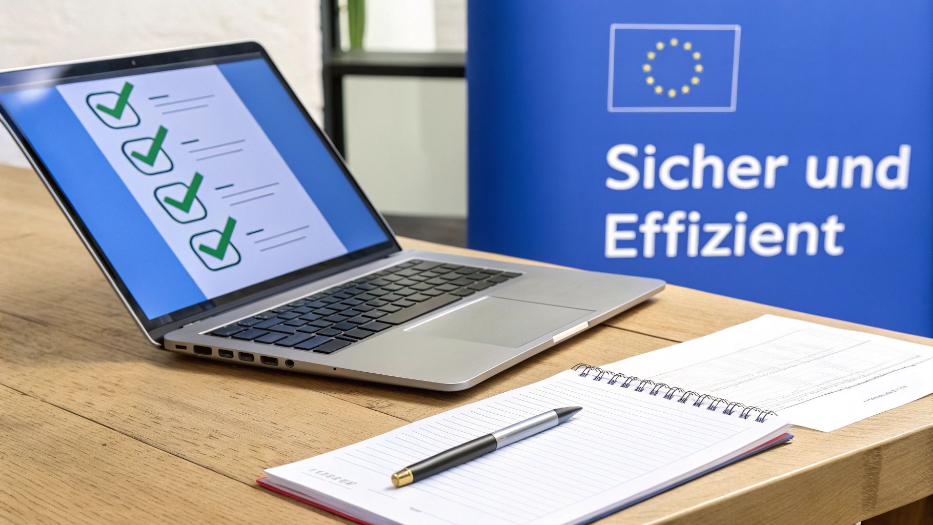 Laptop mit Checklist auf dem Bildschirm, Notizbuch und Stift, vor einem Banner der EU mit 'Sicher und Effizient'.