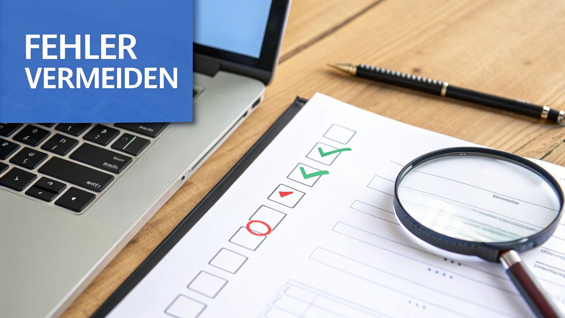 Laptop, Checkliste mit rotem Fehler und grünen Häkchen, Lupe und Stift auf Holztisch. Überschrift: Fehler vermeiden.