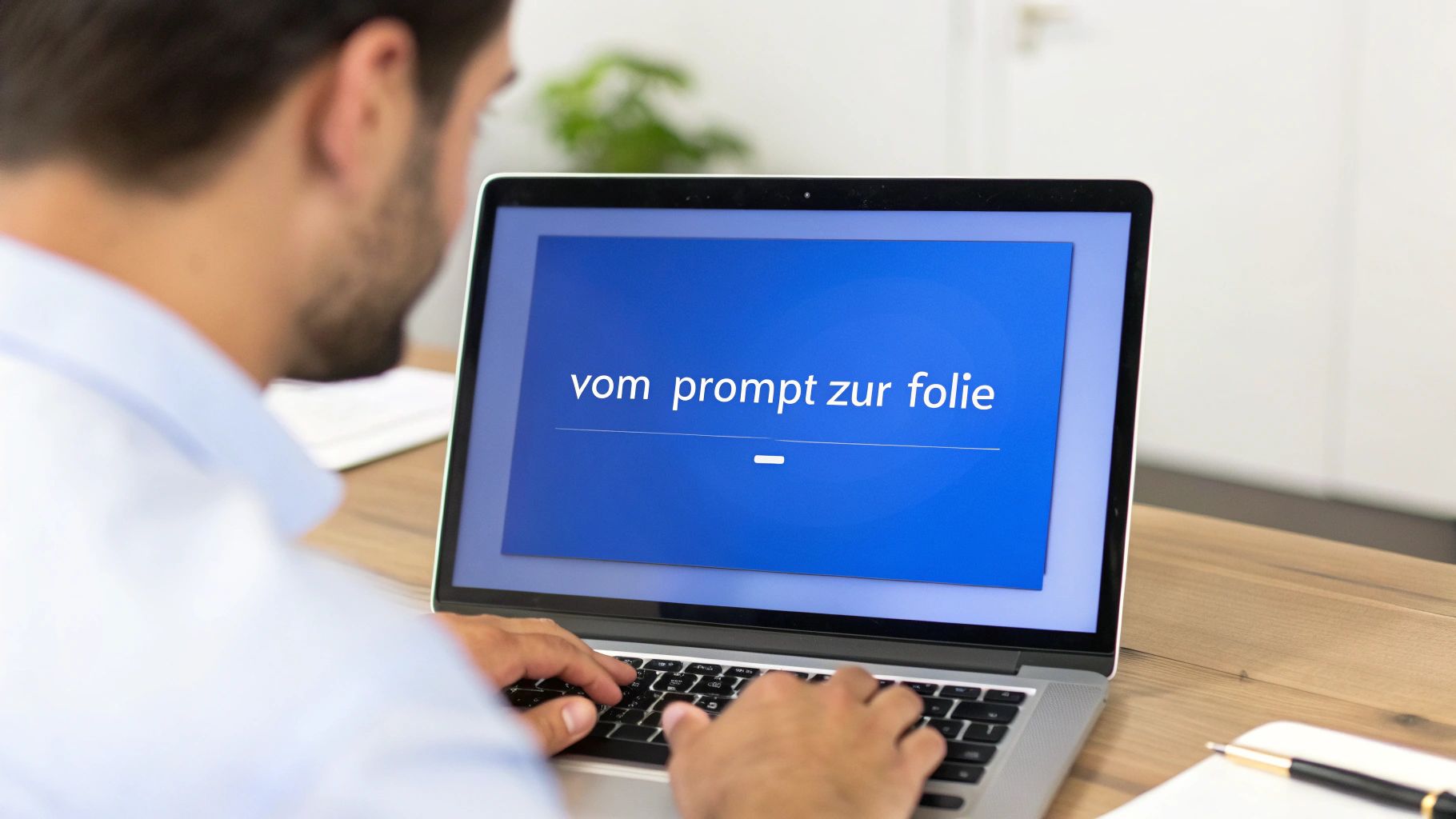 Mann tippt auf Laptop, der den Text "vom prompt zur folie" für eine Präsentation anzeigt.