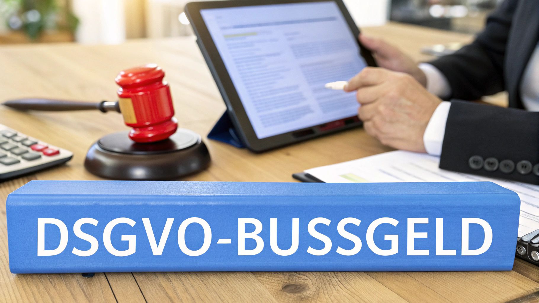 Blauer Block mit der Aufschrift 'DSGVO-Bussgeld', Richterhammer und Anwalt mit Tablet auf einem Holztisch.