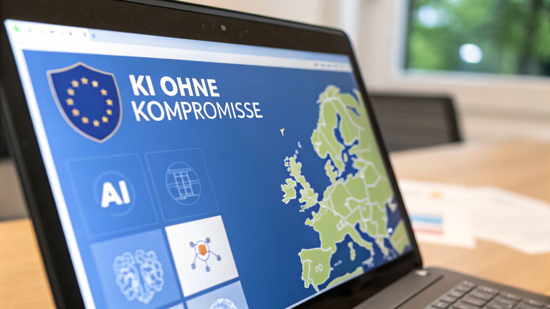 Laptop-Bildschirm zeigt das EU-Logo, den Text "KI OHNE KOMPROMISSE" und eine Karte von Europa.