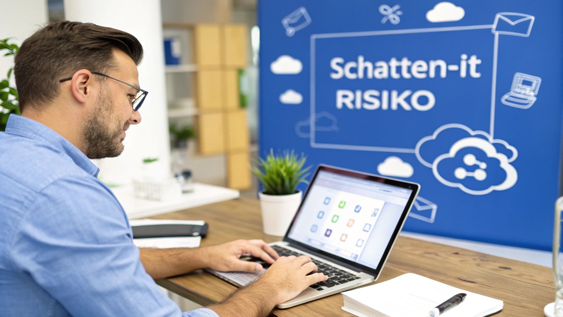 Ein Mann mit Brille tippt an einem Laptop auf einem Holztisch. Im Hintergrund ist ein blauer Banner mit der Aufschrift 'Schatten-it RISIKO' und verschiedenen Symbolen zu sehen.