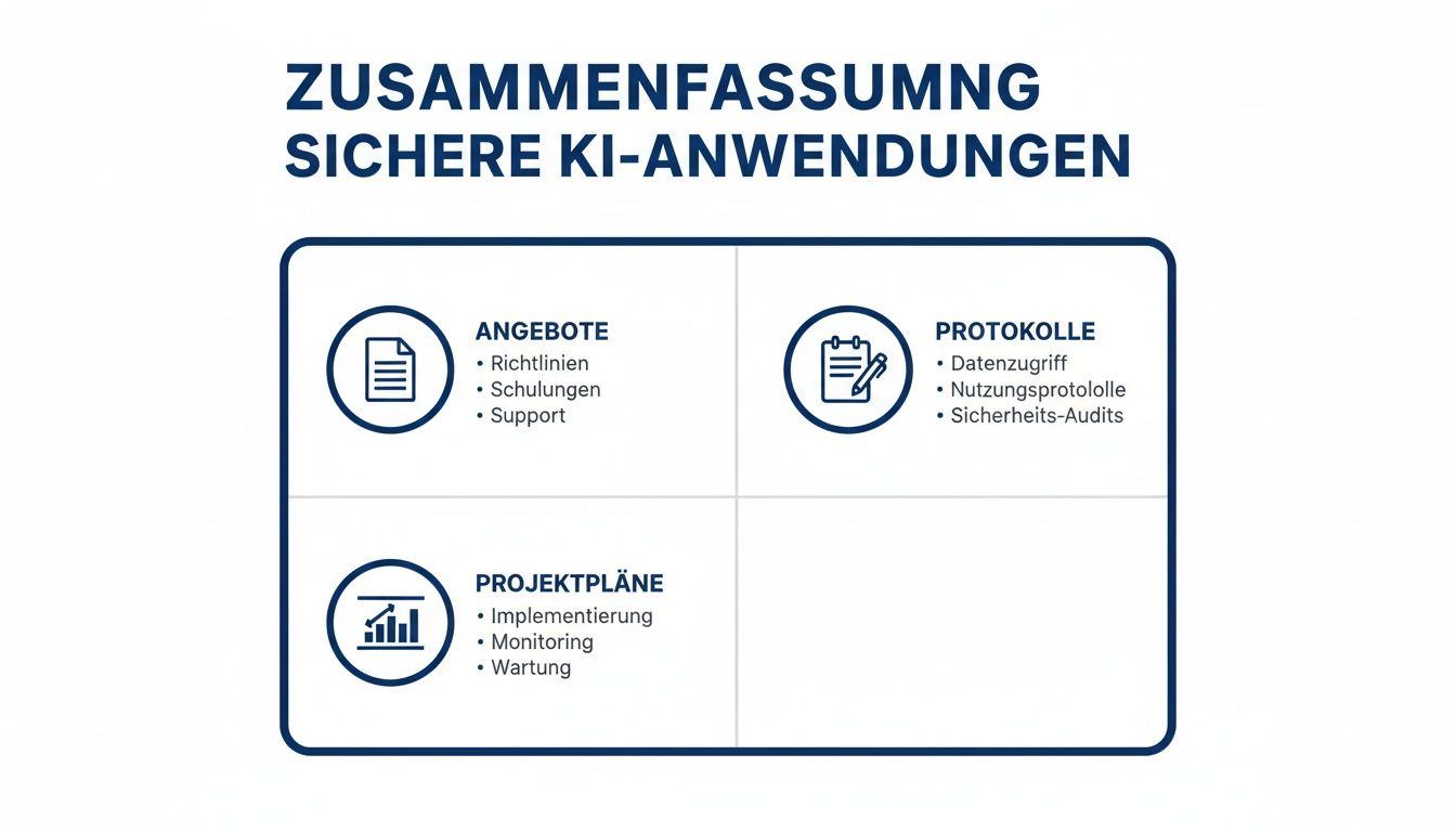 Grafische Zusammenfassung sicherer KI-Anwendungen, gegliedert in Angebote, Protokolle und Projektpläne mit zugehörigen Punkten.