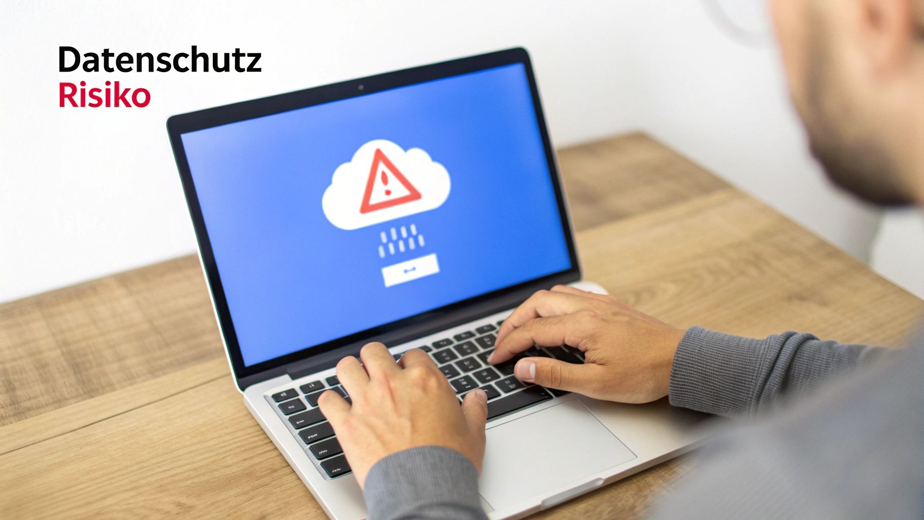 Eine Person tippt auf einem Laptop, dessen Bildschirm eine Cloud mit Warnzeichen und dem Text 'Datenschutz Risiko' zeigt.