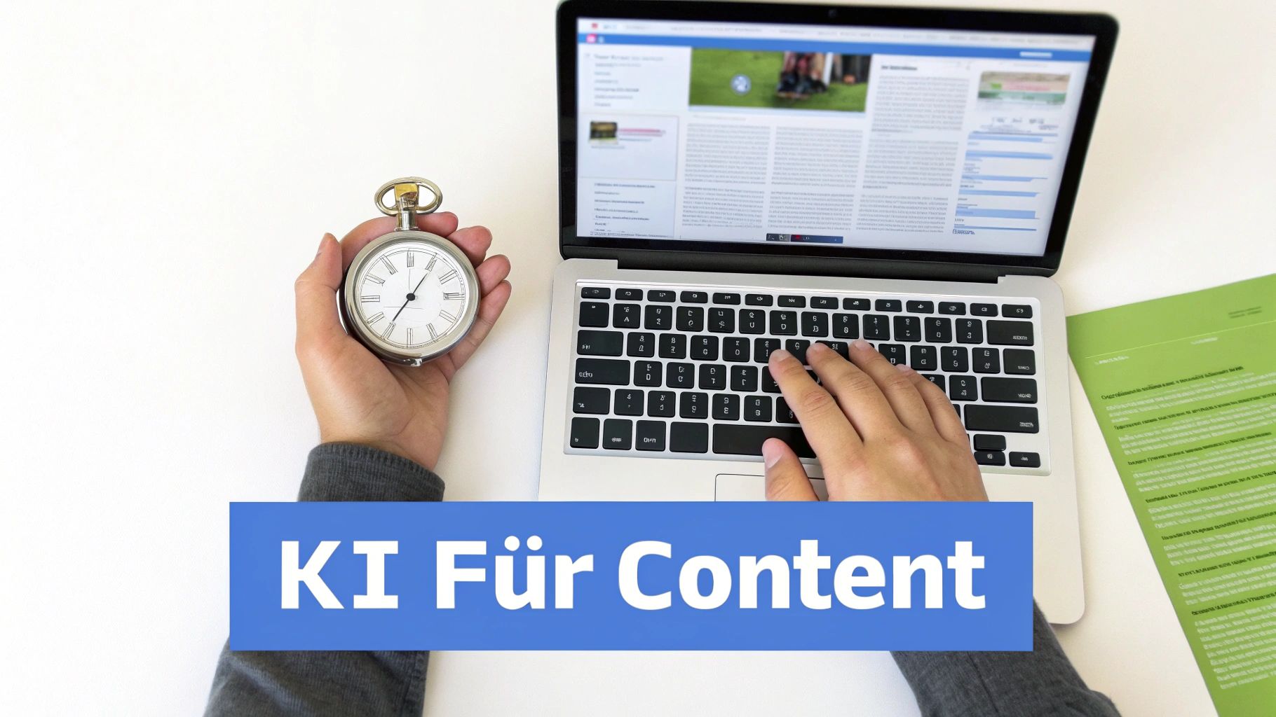 Person tippt am Laptop, hält Taschenuhr und sieht Banner 'KI Für Content'. Optimierte Content-Erstellung.