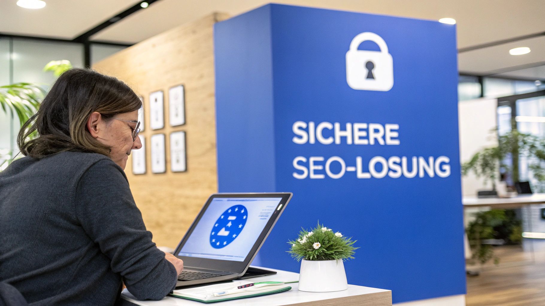 Frau arbeitet am Laptop, im Hintergrund ein Schild mit der Aufschrift 'Sichere SEO-Lösung' und einem Schloss-Symbol.