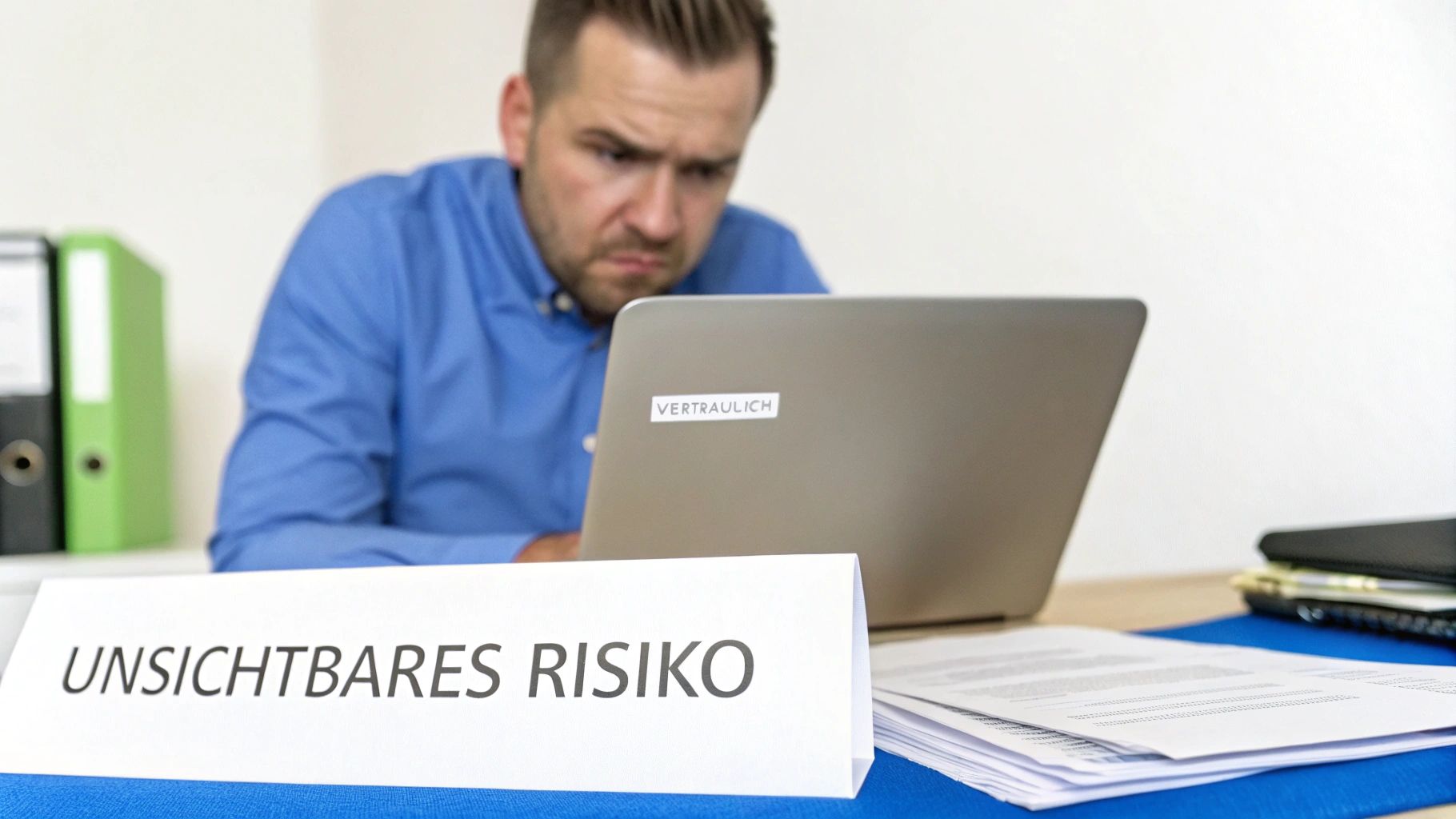 Mann konzentriert sich auf Laptop mit 'Vertraulich'-Aufschrift. Im Vordergrund ein Schild: 'Unsichtbares Risiko'.