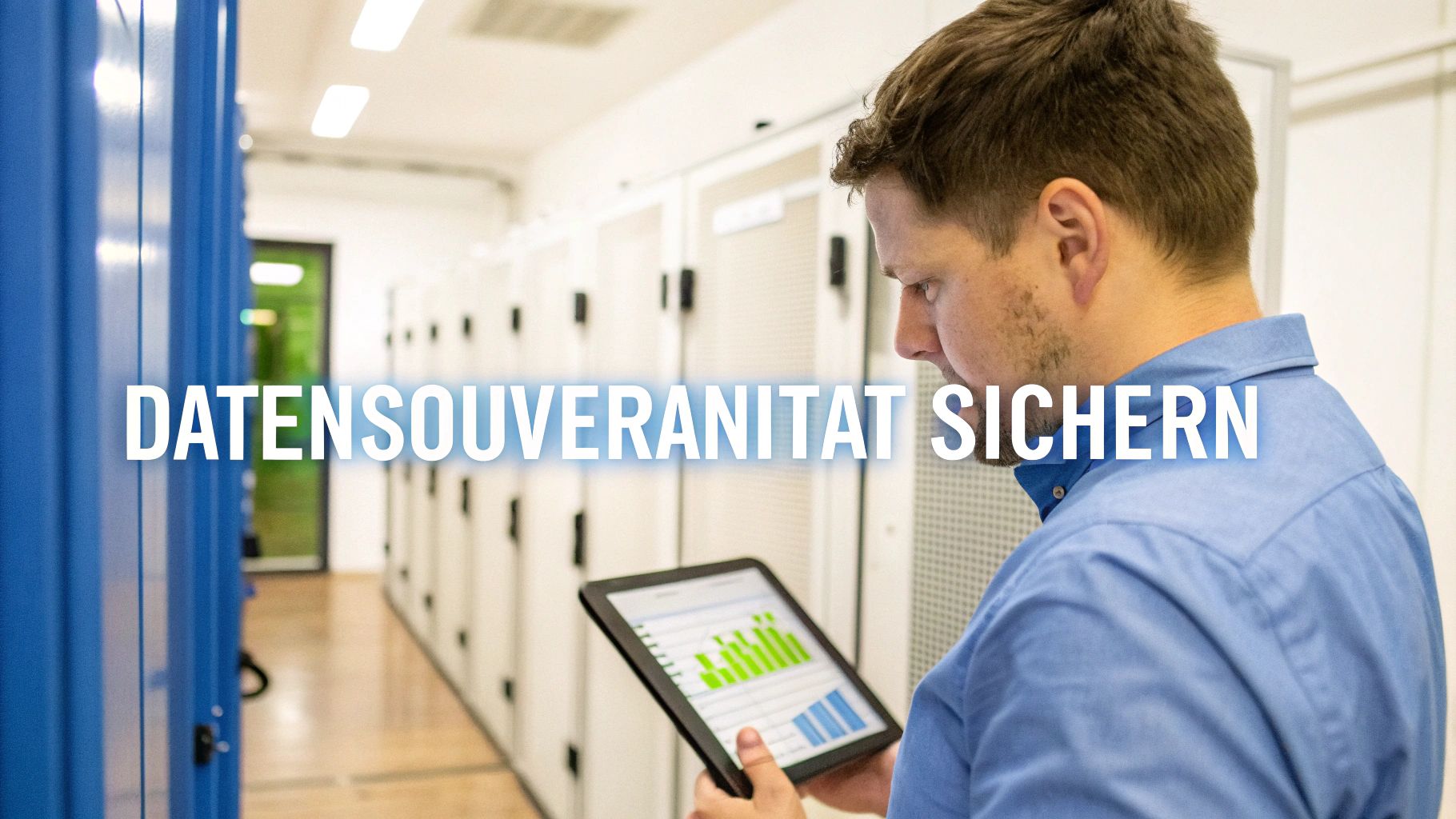 Ein Mann in einem Serverraum betrachtet Daten auf einem Tablet, während der Text "DATENSOUVERÄNITÄT SICHERN" überlagert ist.
