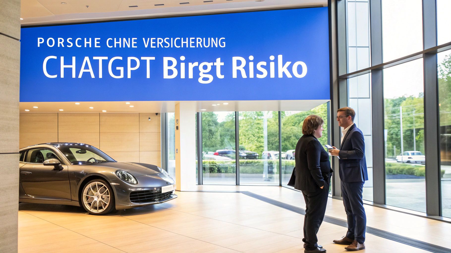 Grauer Porsche in modernem Showroom mit großer blauer Anzeige: 'CHATGPT Birgt Risiko'. Zwei Personen unterhalten sich.