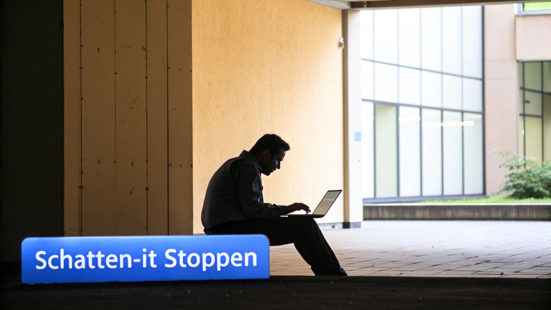 Ein Mann sitzt im Schatten und arbeitet konzentriert an einem Laptop, mit einem Schild "Schatten-it Stoppen" im Vordergrund.