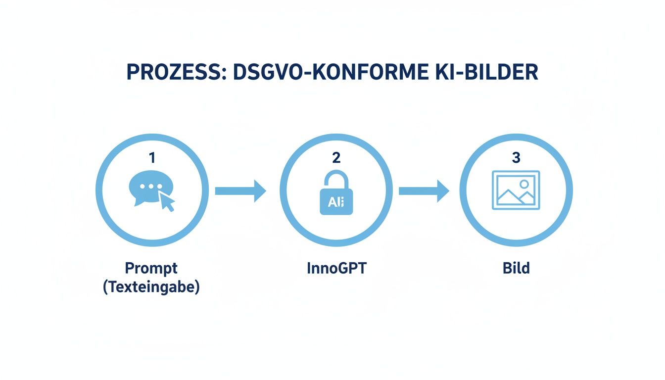 Flussdiagramm zeigt den dreistufigen Prozess zur Erstellung DSGVO-konformer KI-Bilder: Prompt, InnoGPT und Bild.