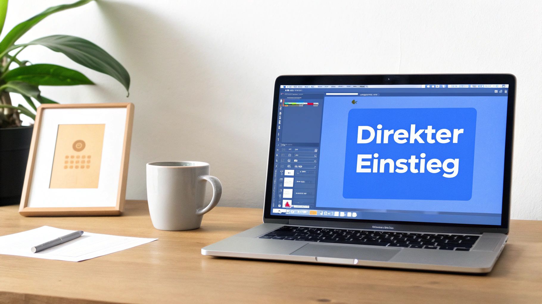 Ein Laptop mit der Aufschrift 'Direkter Einstieg' steht auf einem Holztisch, daneben eine Tasse und ein Bilderrahmen.