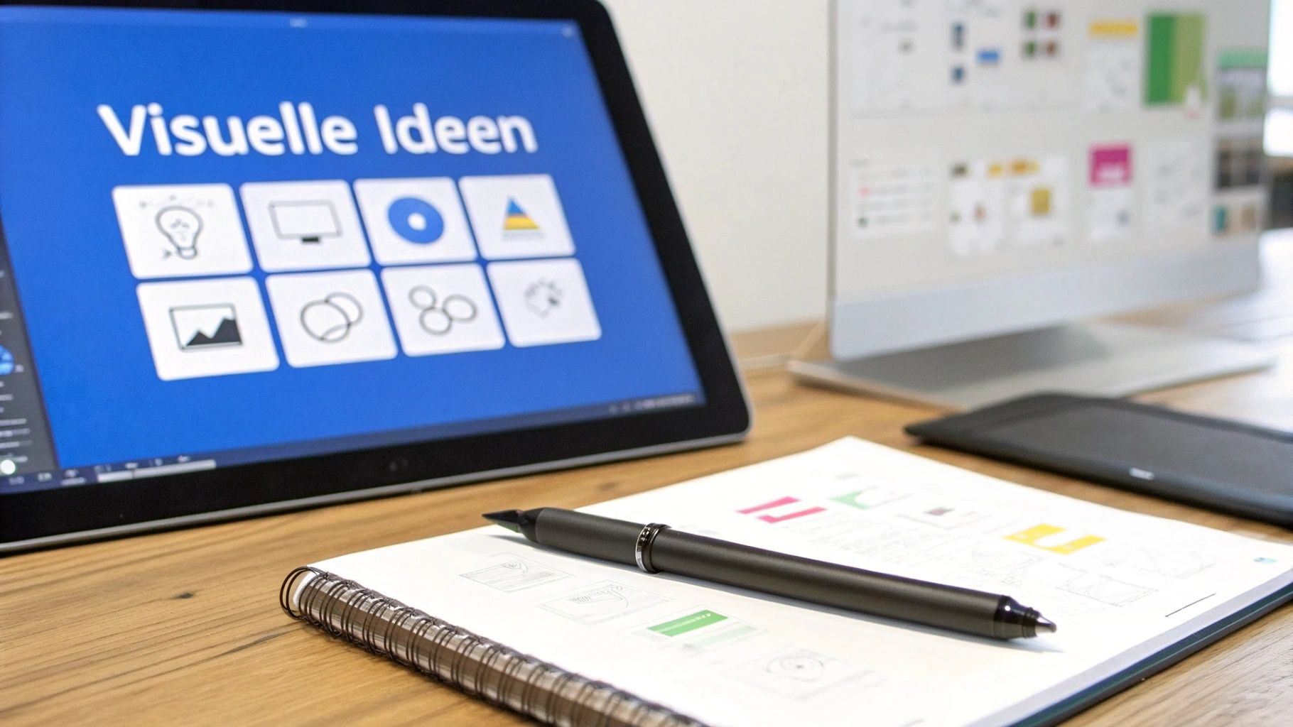Tablet mit 'Visuelle Ideen' Anzeige, Monitor und Notizbuch auf Holztisch für kreatives Design.