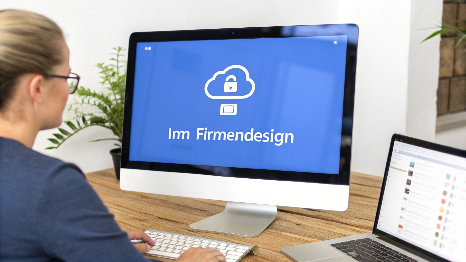 Eine Frau arbeitet am Schreibtisch; der Monitor zeigt sichere Cloud-Dienste im Firmendesign.