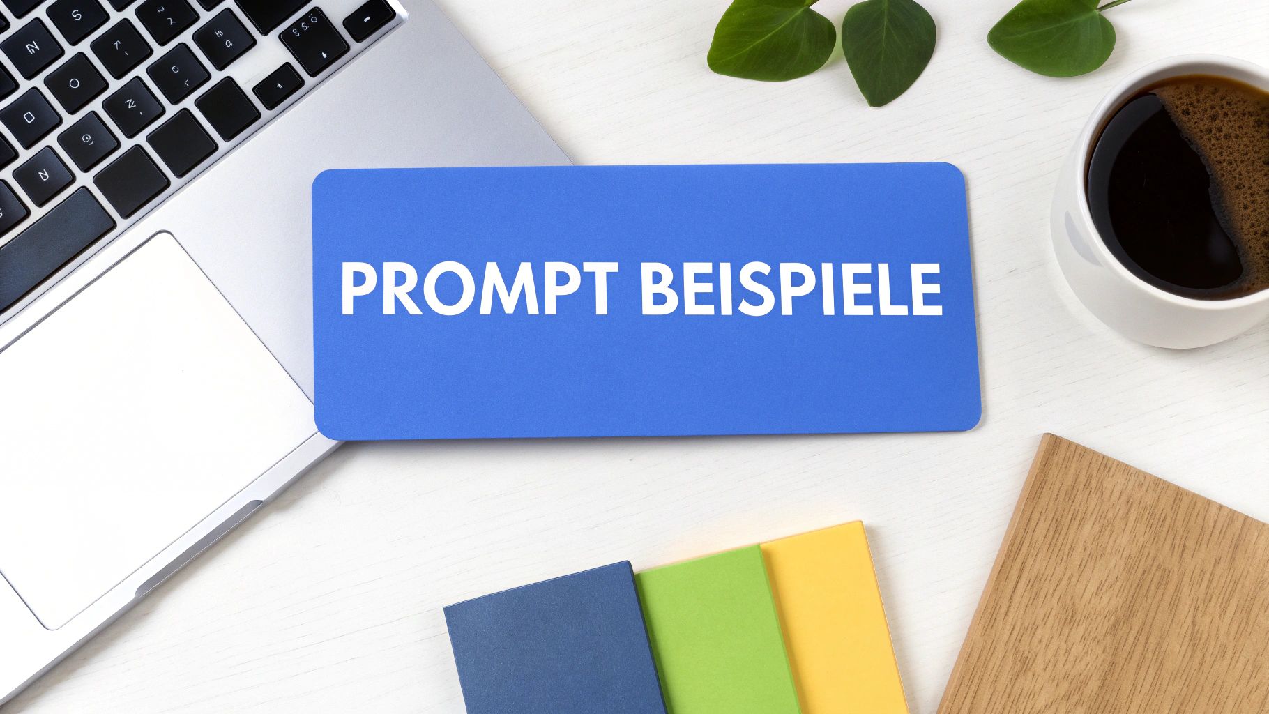 Blaue Karte mit „PROMPT BEISPIELE“ auf einem weißen Schreibtisch mit Laptop und Kaffee.