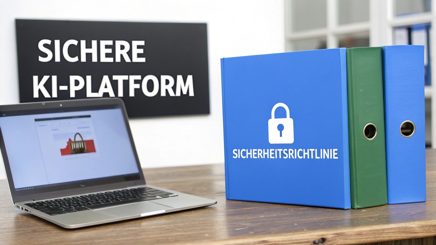 Ein Laptop, eine 'Sichere KI-Plattform' Tafel und Ordner mit 'Sicherheitsrichtlinie' auf einem Schreibtisch.