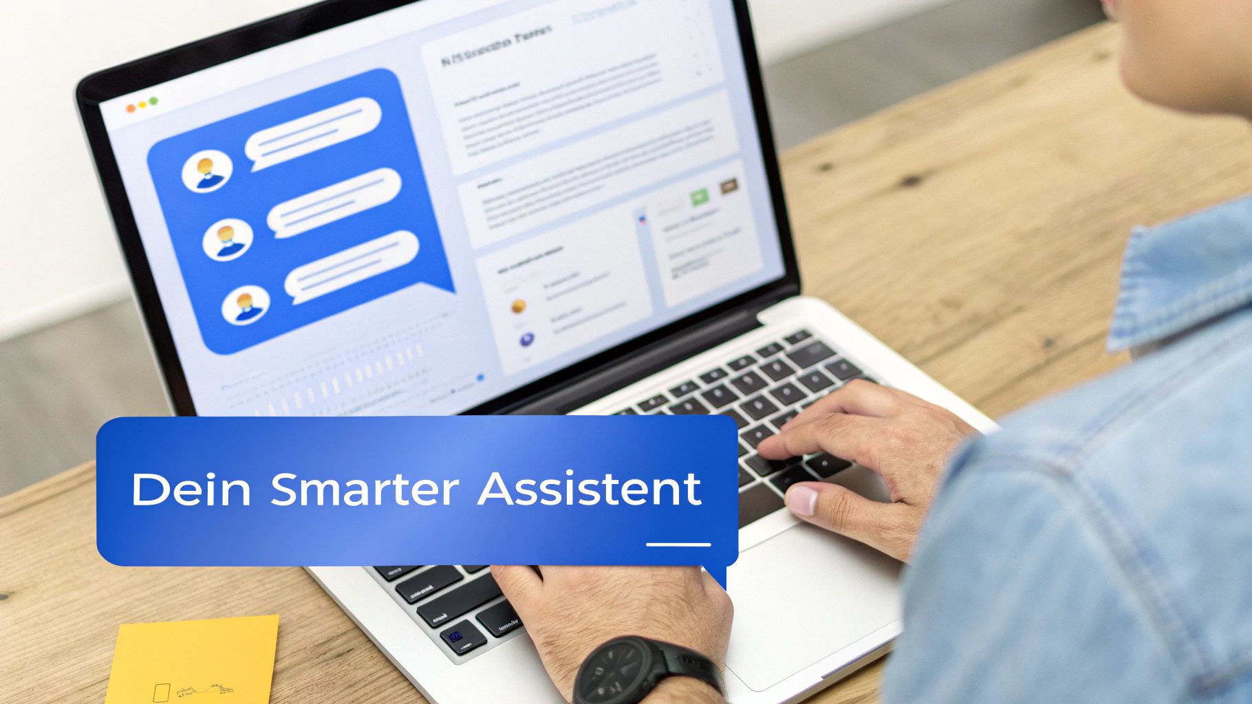 Ein Nutzer tippt auf einem Laptop, dessen Bildschirm eine Chat-Oberfläche mit dem Text 'Dein Smarter Assistent' zeigt.