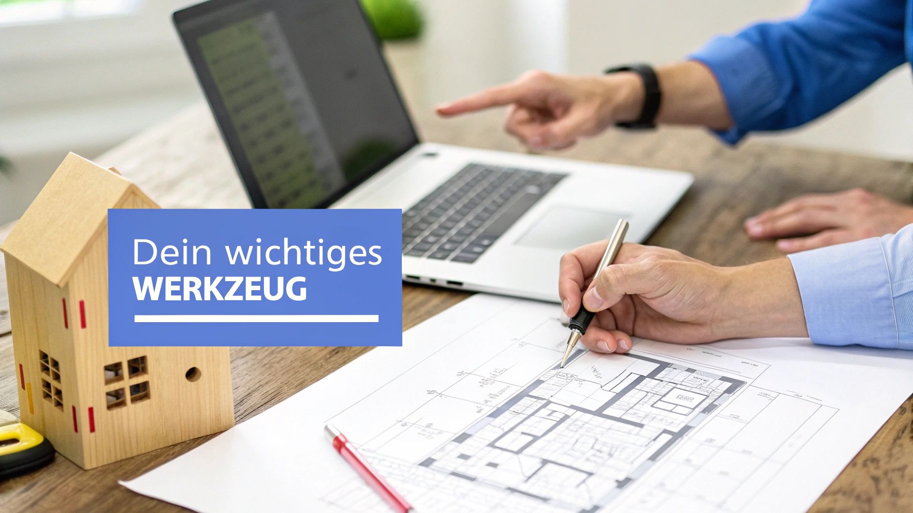 Personen arbeiten an Bauplänen mit Laptop und Holzhausmodell. Blauer Text: Dein wichtiges WERKZEUG.