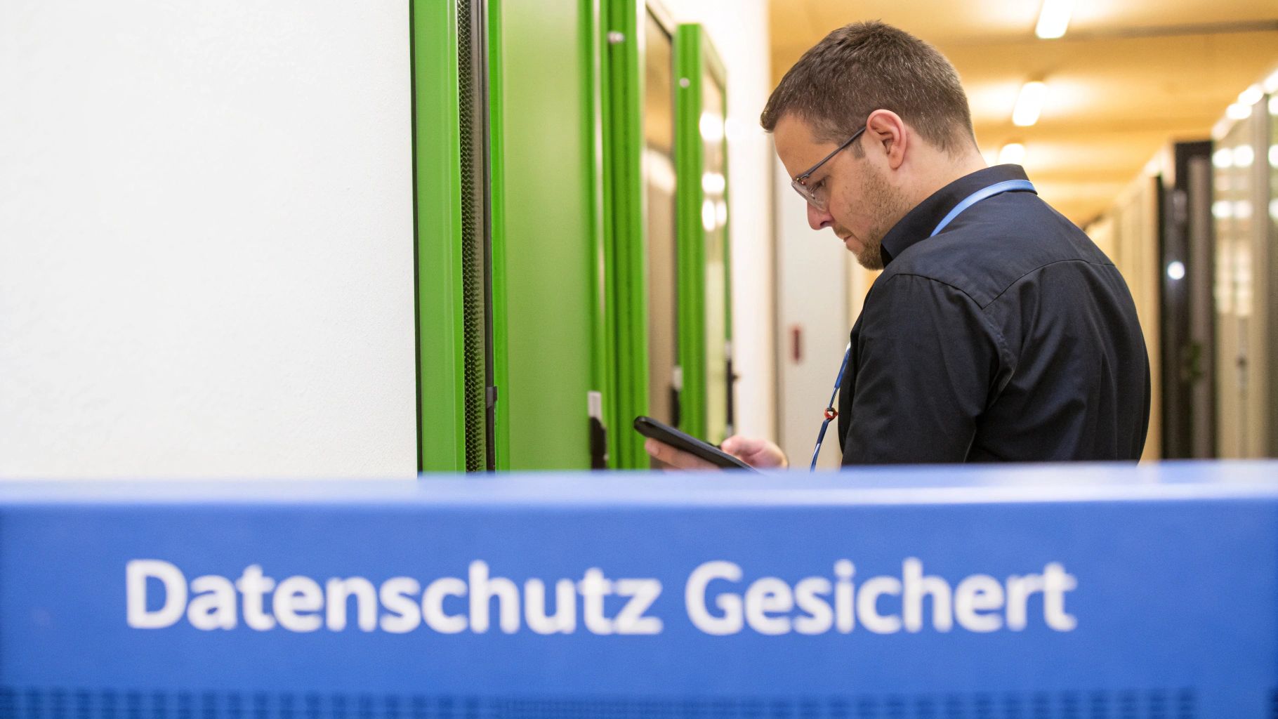 Mann prüft Smartphone in einem Serverraum mit grünen Serverracks. Im Vordergrund steht "Datenschutz Gesichert".
