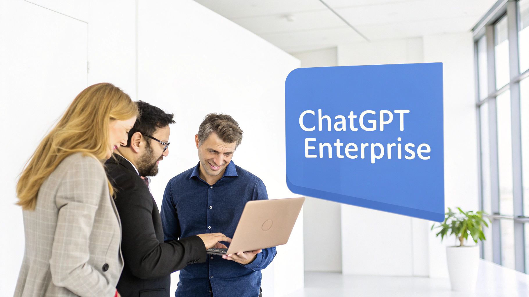 Drei Geschäftsleute in einem modernen Büro betrachten einen Laptop, während im Hintergrund 'ChatGPT Enterprise' zu sehen ist.