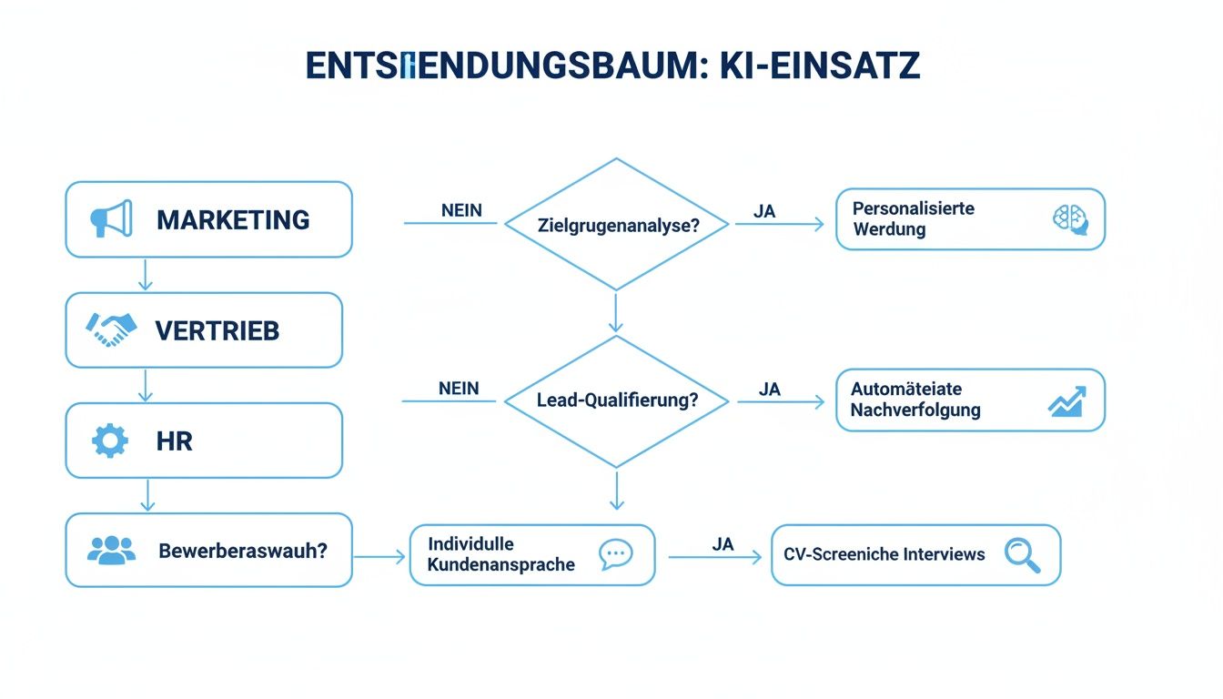 Entscheidungsbaum zum KI-Einsatz in Marketing, Vertrieb und HR mit Beispielen für Automatisierung.