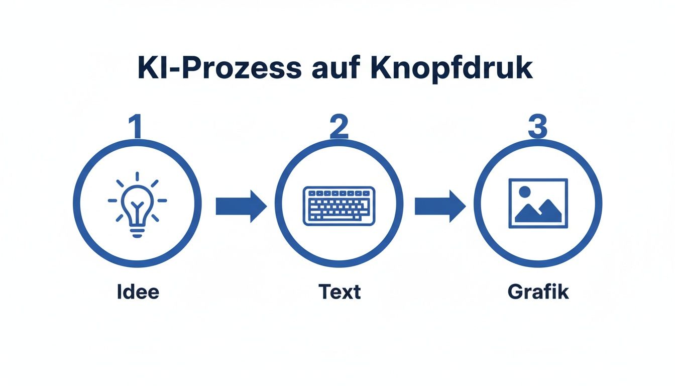 Infografik zeigt den KI-Prozess zur Erstellung von Grafiken: Idee, Text und Bildgenerierung in drei Schritten.