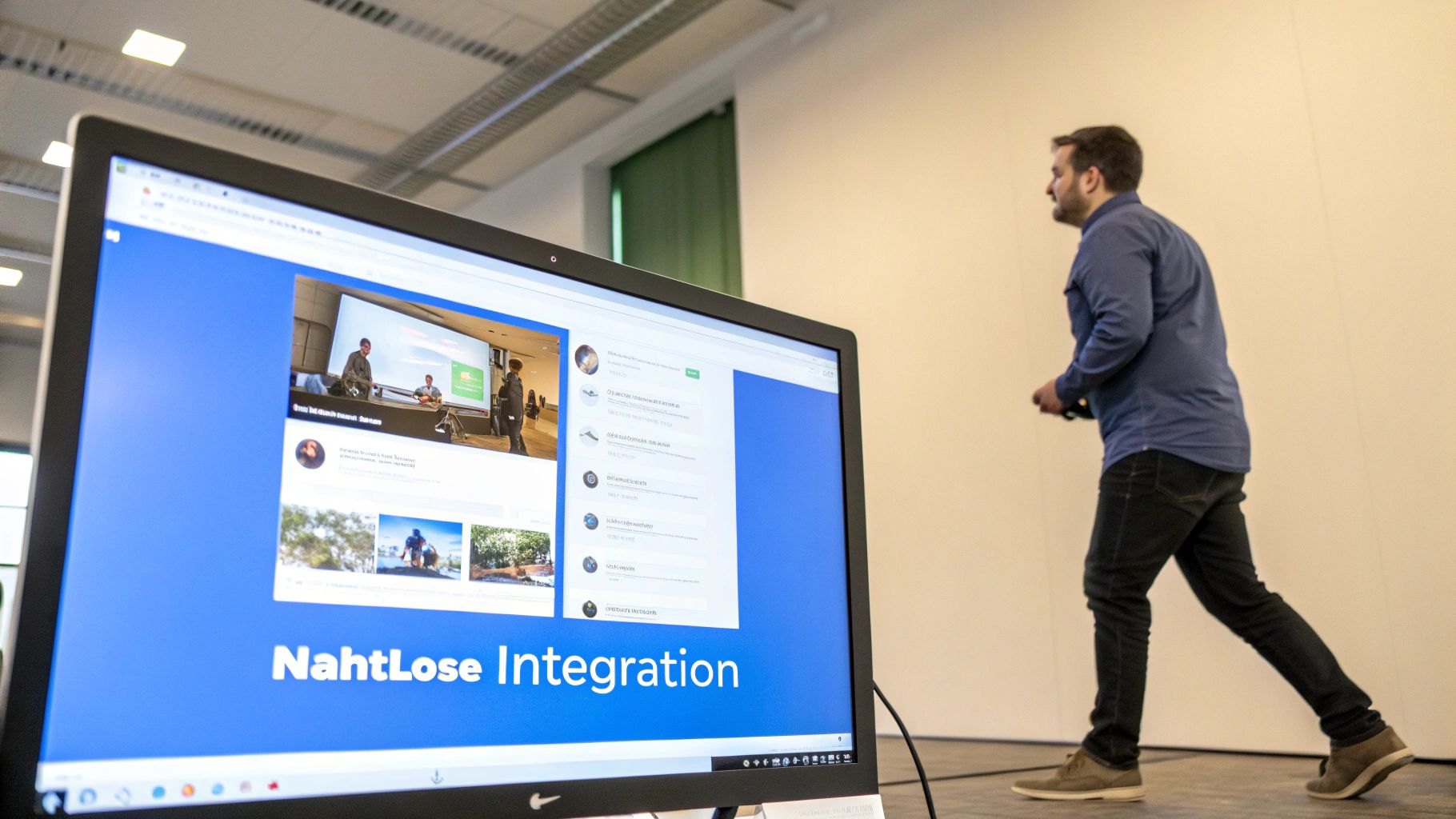 Ein Mann geht an einem Computerbildschirm vorbei, der eine Webseite mit 'NahtLose Integration' und Präsentationsbildern zeigt.