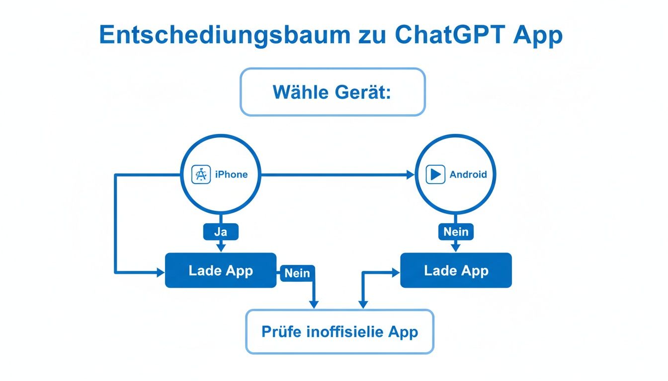Ein Entscheidungsbaum zur Installation der ChatGPT App auf iPhone oder Android-Geräten mit Schritten zum Herunterladen und Prüfen.