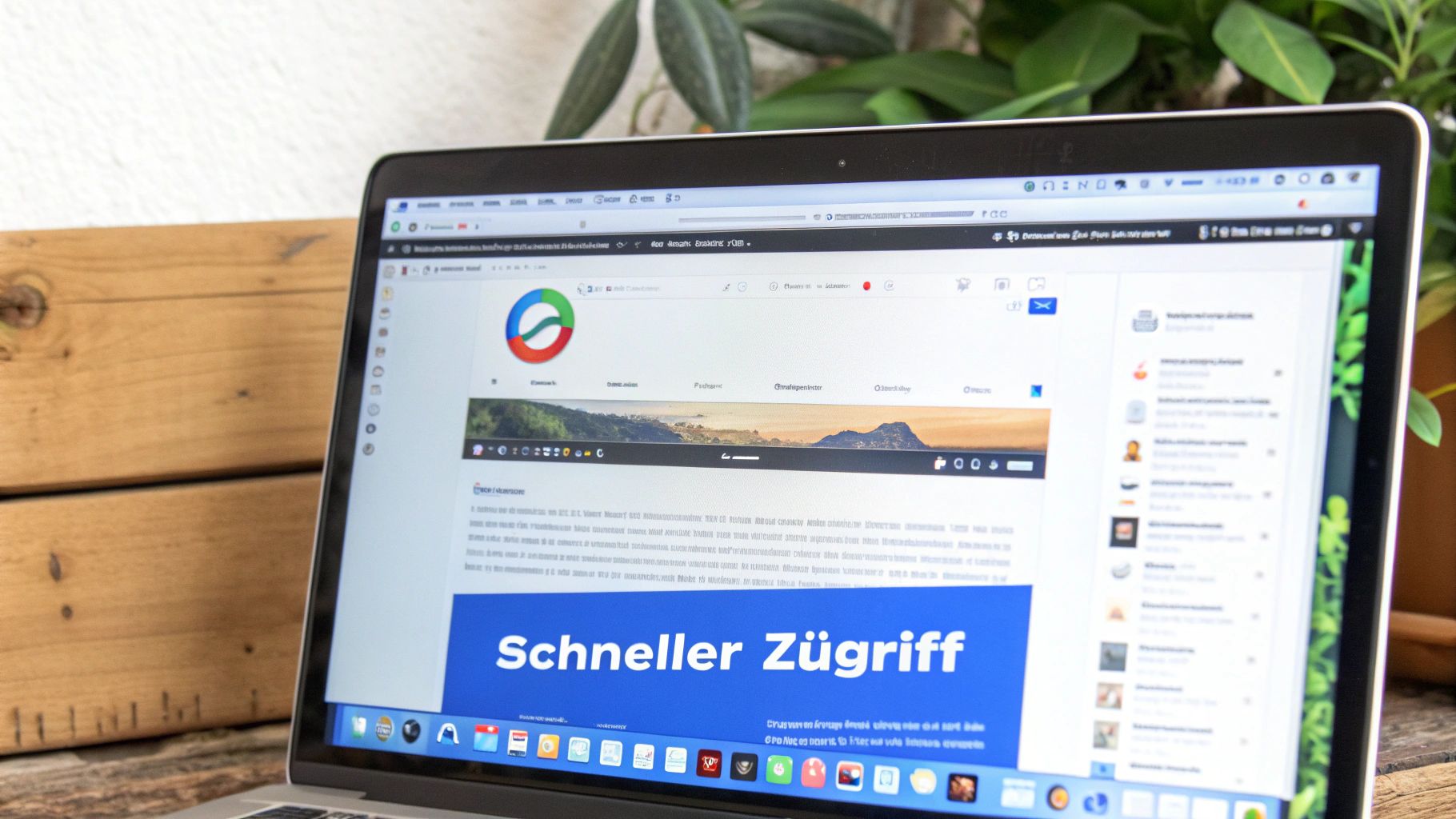 Ein Laptop zeigt einen Webbrowser mit dem Opera-Logo und dem Text 'Schneller Zugriff' in einer natürlichen Umgebung.