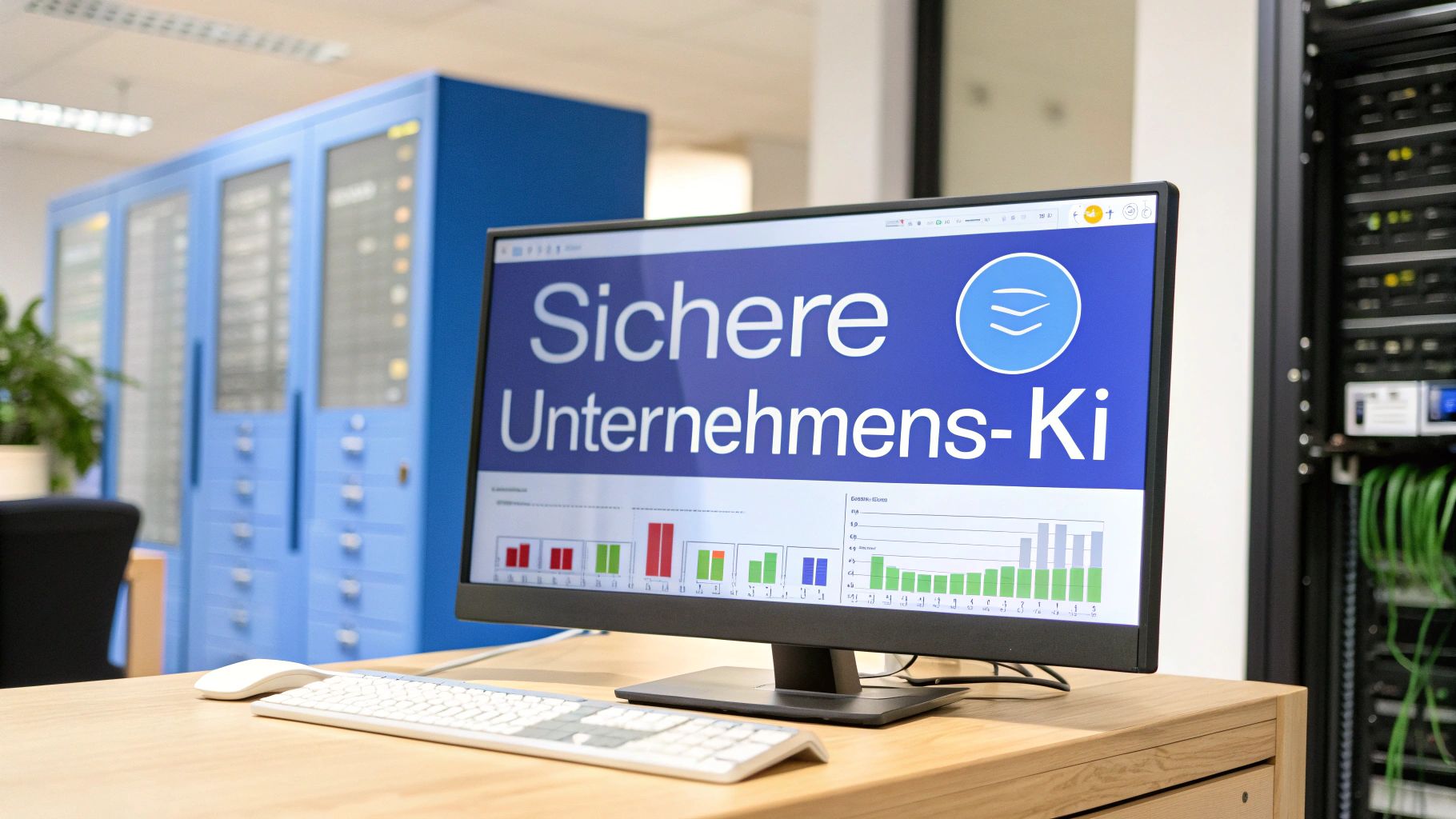 Computermonitor zeigt 'Sichere Unternehmens-KI' und Diagramme. Im Hintergrund sind IT-Server-Racks und blaue Schränke sichtbar.