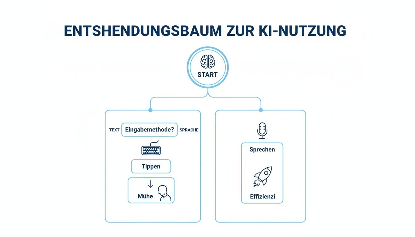Entscheidungsbaum zur KI-Nutzung: Vergleich von Texteingabe (Tippen, Mühe) und Spracheingabe (Sprechen, Effizienz).
