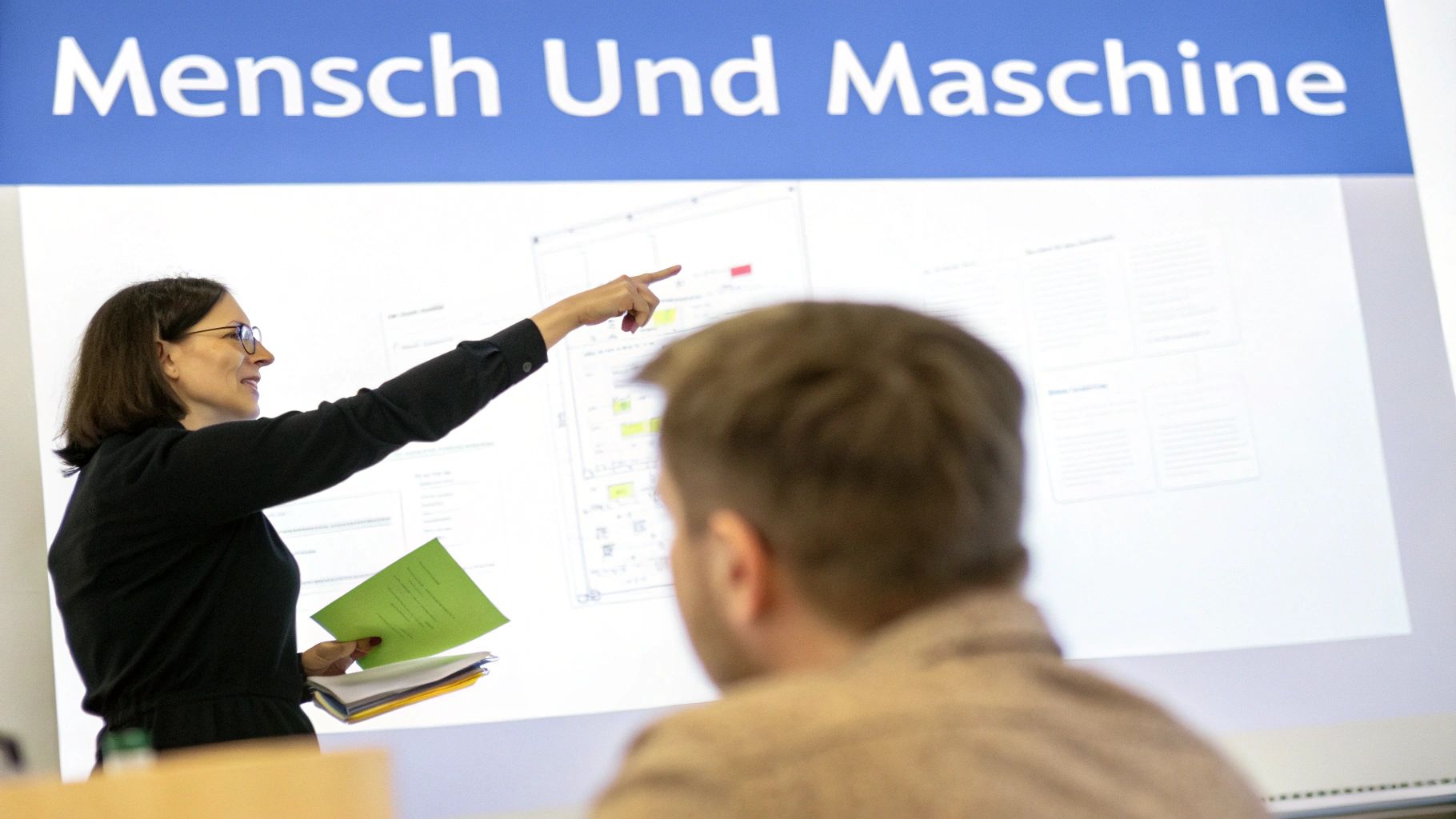 Eine Frau präsentiert vor einem Bildschirm mit dem Titel 'Mensch Und Maschine' und zeigt auf ein Diagramm.