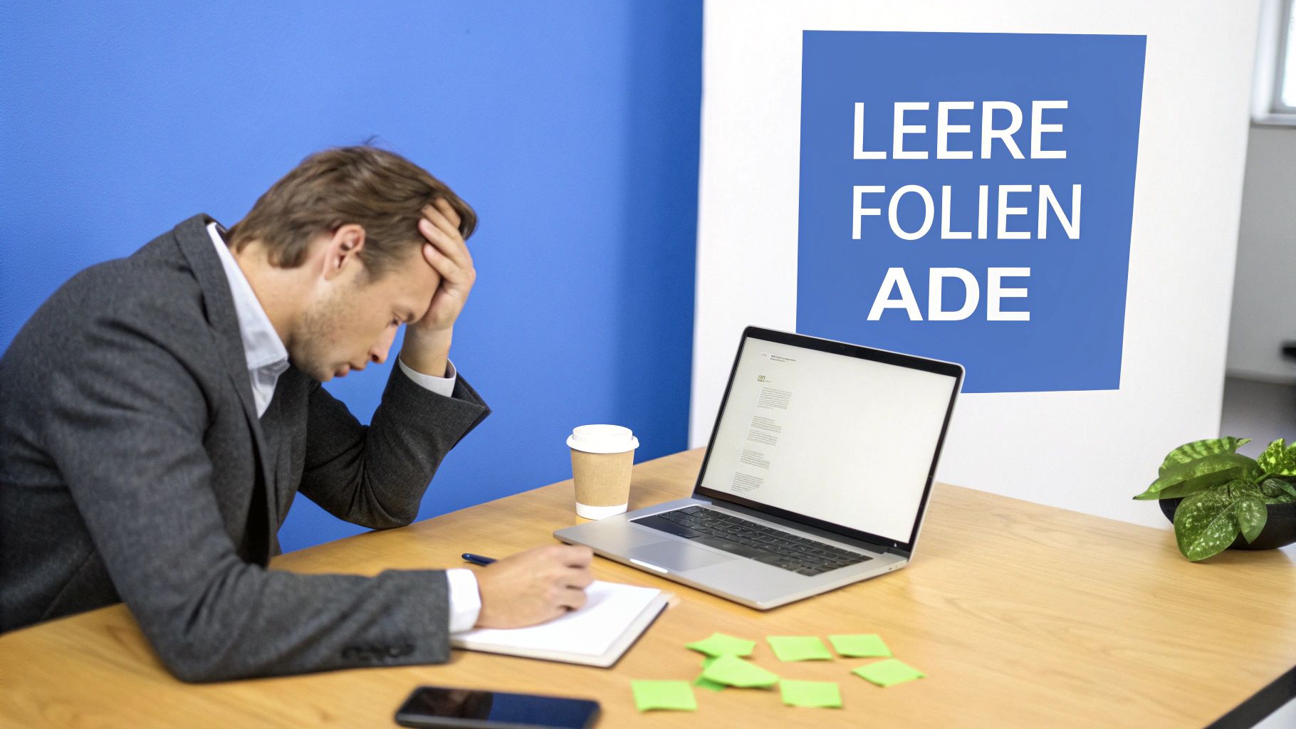 Ein gestresster Mann am Schreibtisch mit Laptop und Notizbuch, im Hintergrund ein Plakat: LEERE FOLIEN ADE.