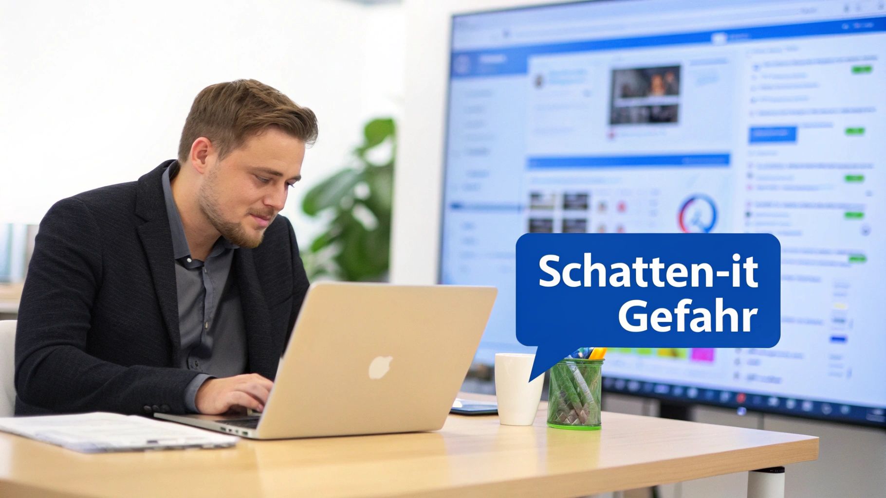 Mann arbeitet am Laptop, während im Hintergrund ein Bildschirm IT-Daten und die Meldung 'Schatten-IT Gefahr' anzeigt.
