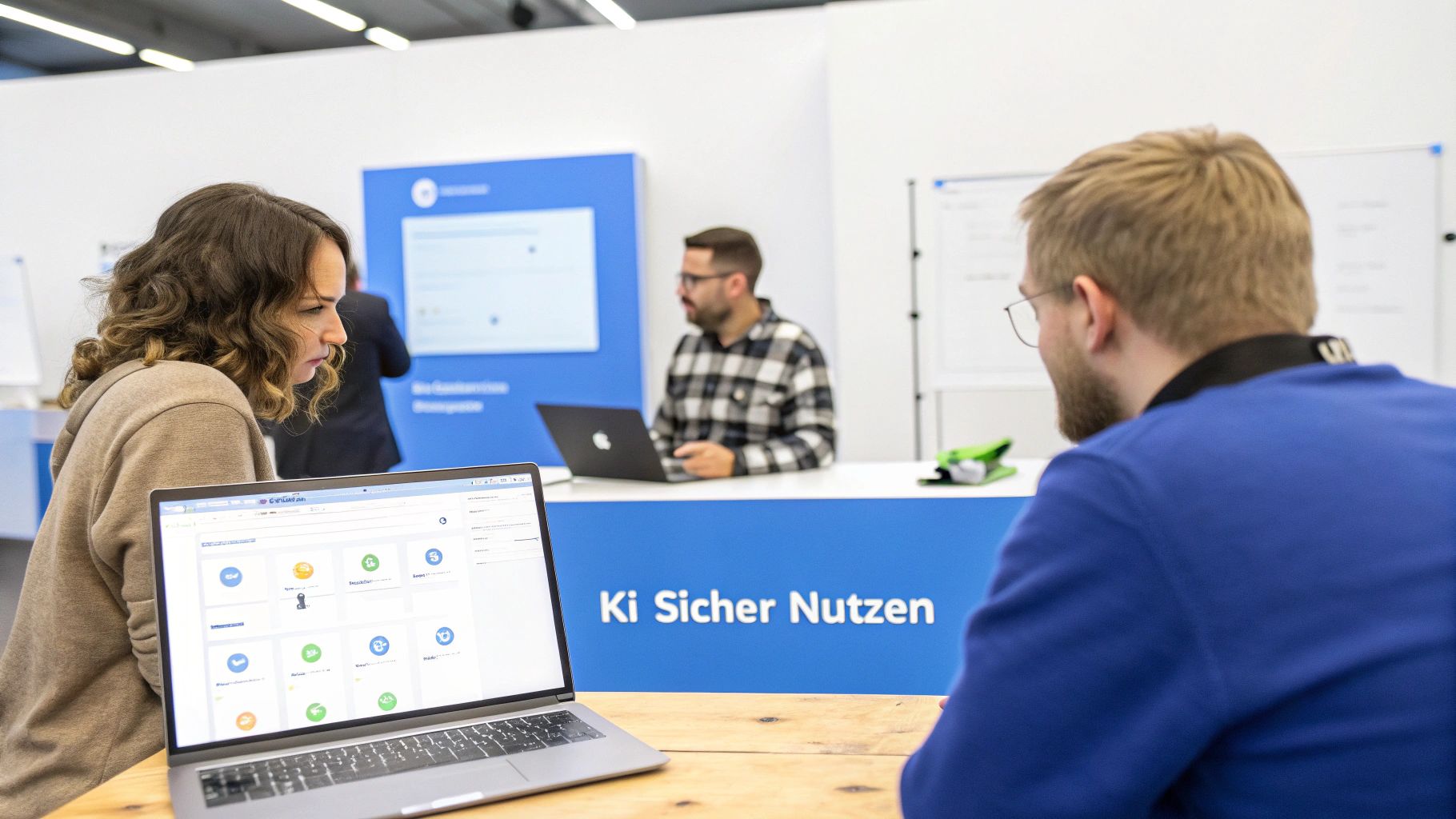 Zwei Personen betrachten konzentriert einen Laptop mit einer Anwendung, im Hintergrund ein Stand mit der Aufschrift 'Ki Sicher Nutzen'.