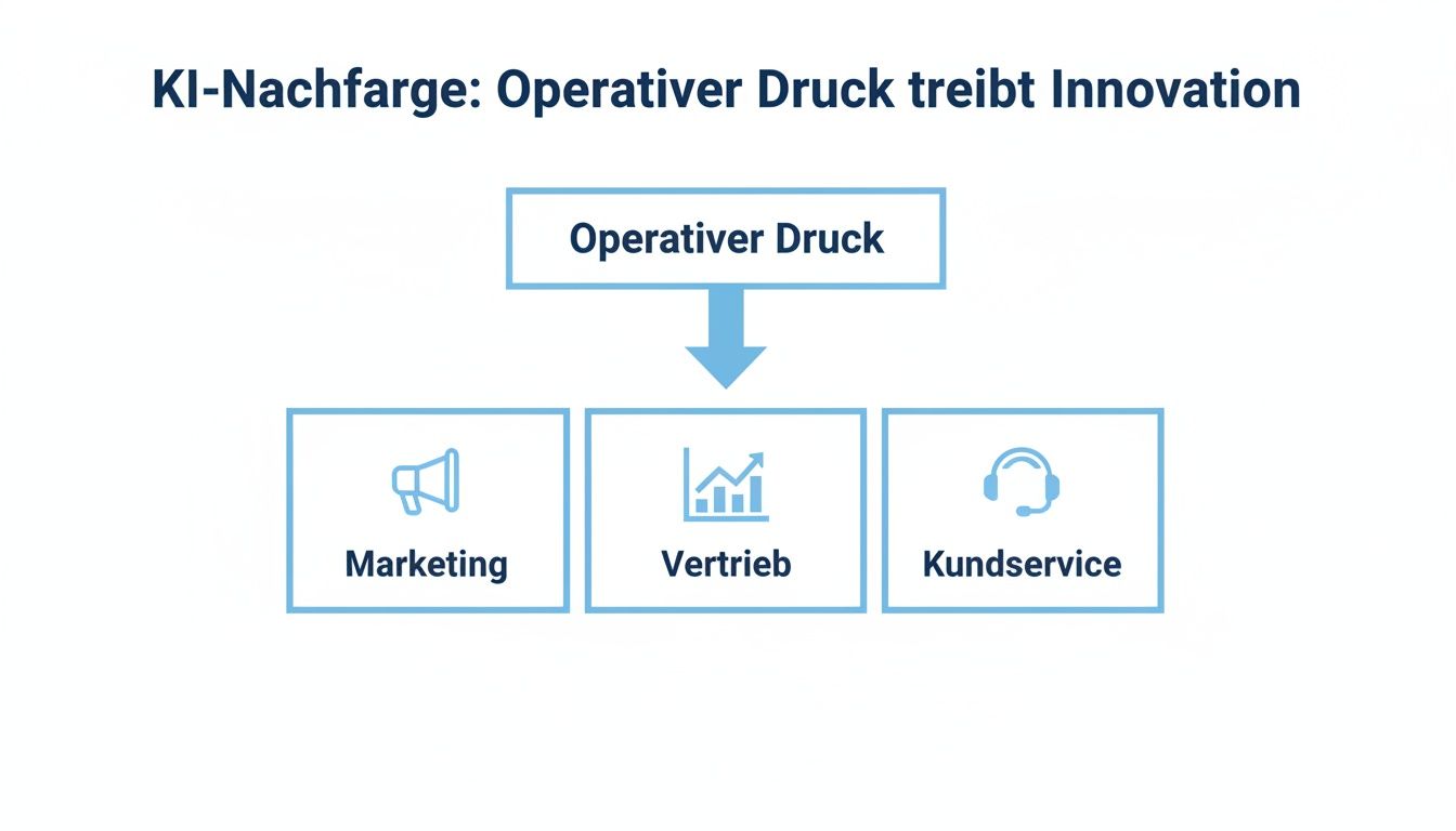 Diagramm zeigt, wie operativer Druck Marketing, Vertrieb und Kundenservice antreibt und Innovation fördert.
