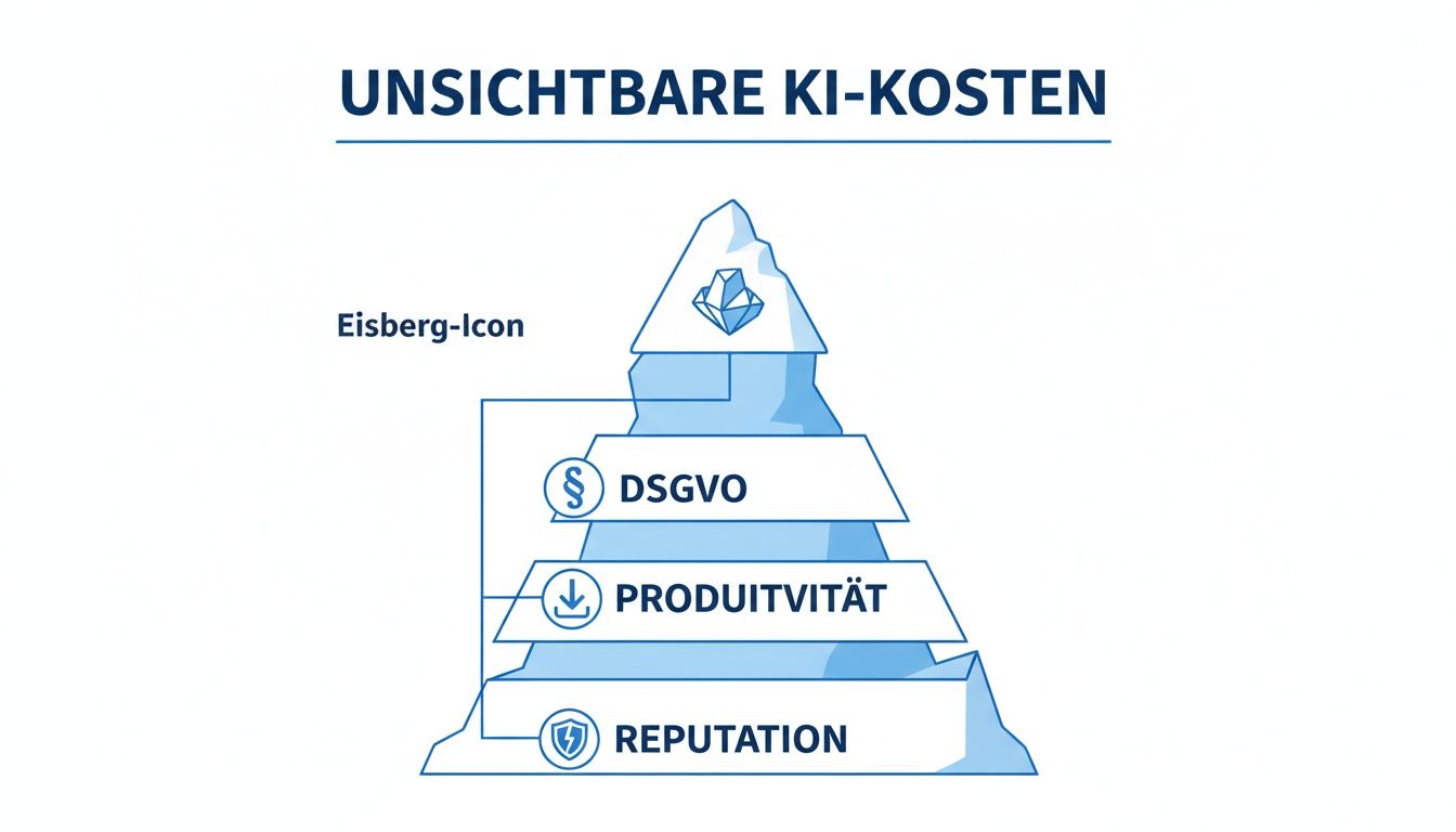 Ein Eisberg-Diagramm visualisiert die unsichtbaren KI-Kosten: DSGVO, Produktivität und Reputation.