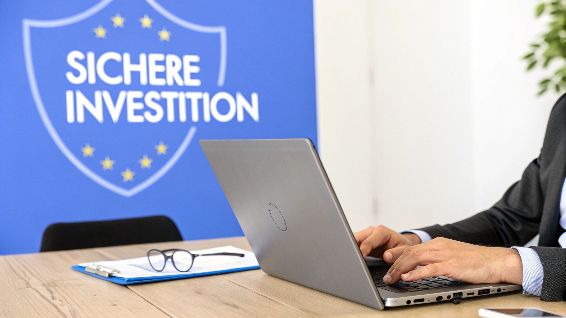 Person in Anzug tippt auf Laptop; blauer Hintergrund mit Schild-Logo 'Sichere Investition' und Sternen.