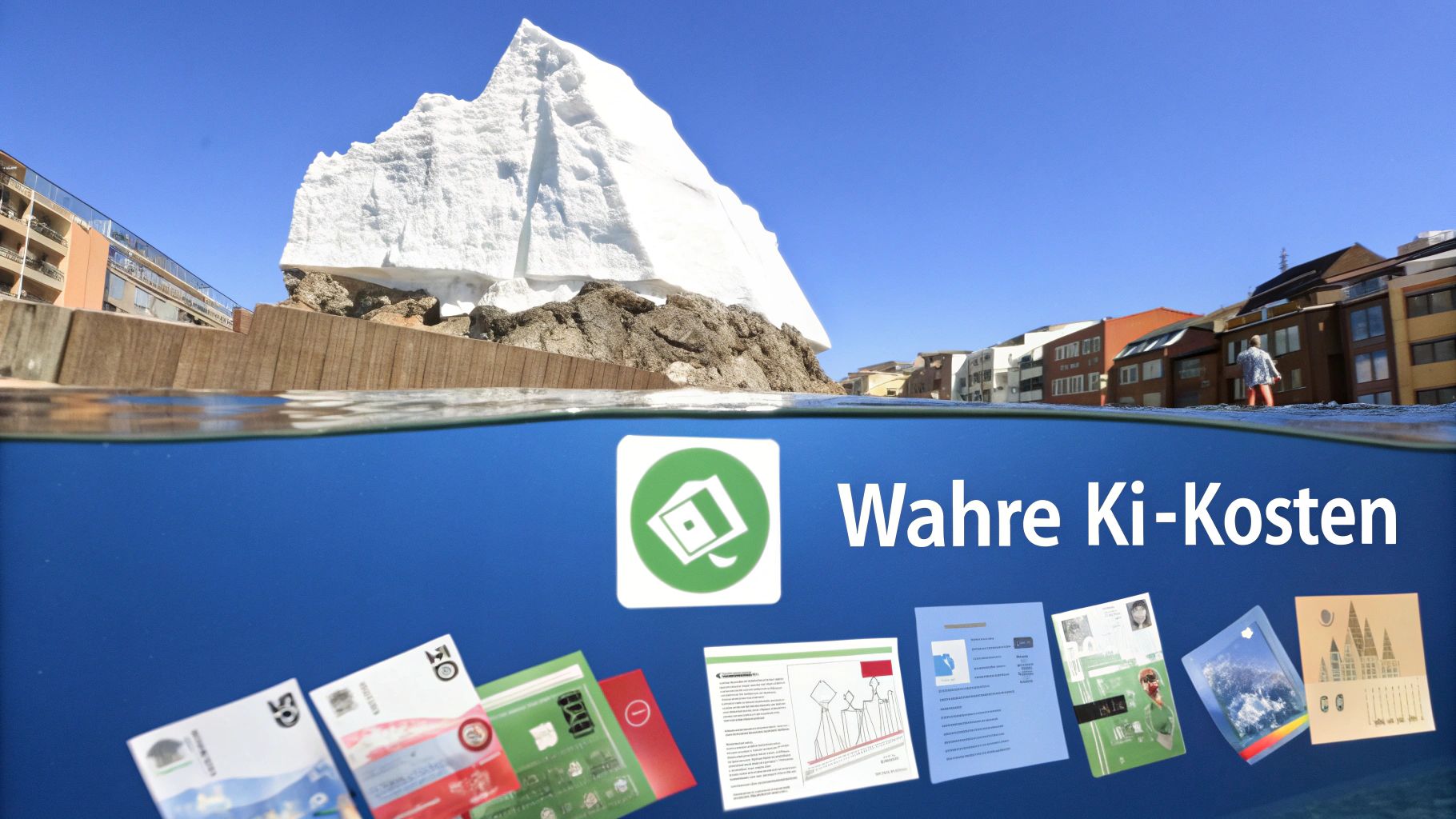 Bild eines Eisbergs, der die wahren Kosten von Künstlicher Intelligenz mit verborgenen Dokumenten symbolisiert.