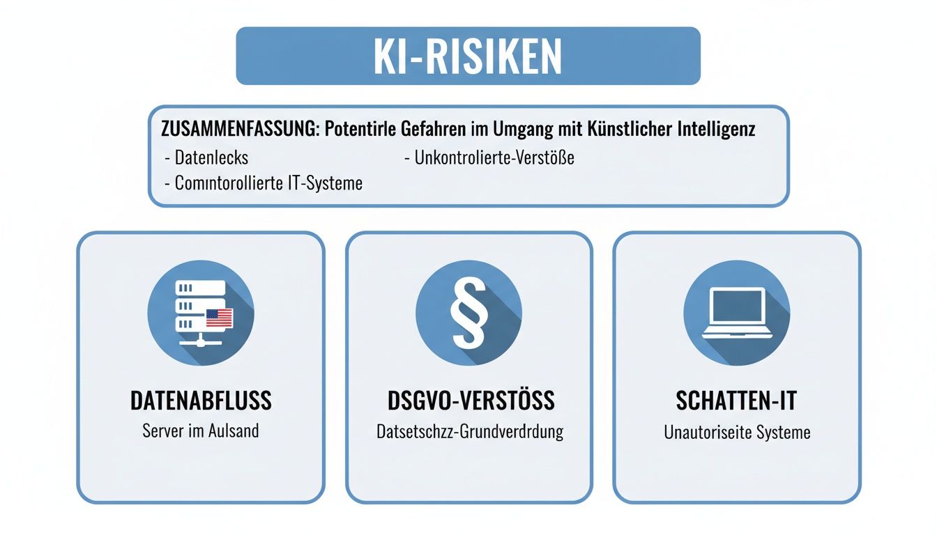 Infografik zu KI-Risiken: Datenabfluss, DSGVO-Verstöße und Schatten-IT als potenzielle Gefahren für Unternehmen.