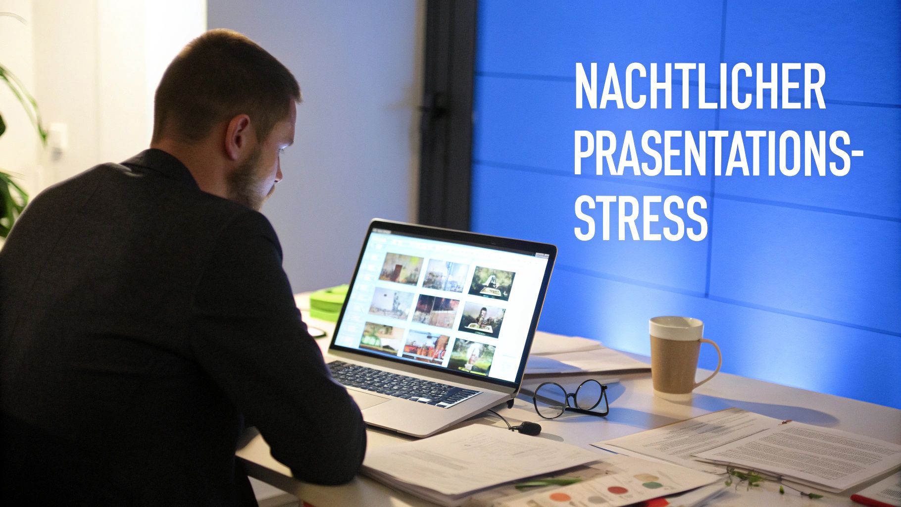 Ein Mann arbeitet nachts an seinem Laptop und bereitet eine Präsentation vor, was auf Stress hindeutet.