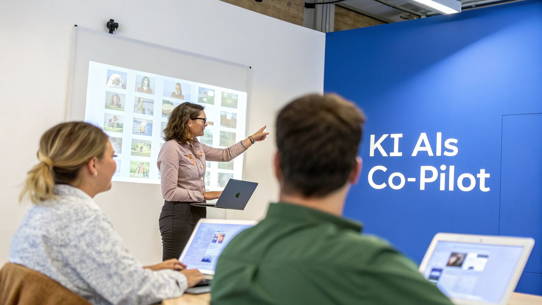 Präsentation über KI als Co-Pilot: Eine Referentin zeigt Bilder, während Teilnehmer konzentriert an ihren Laptops sitzen.
