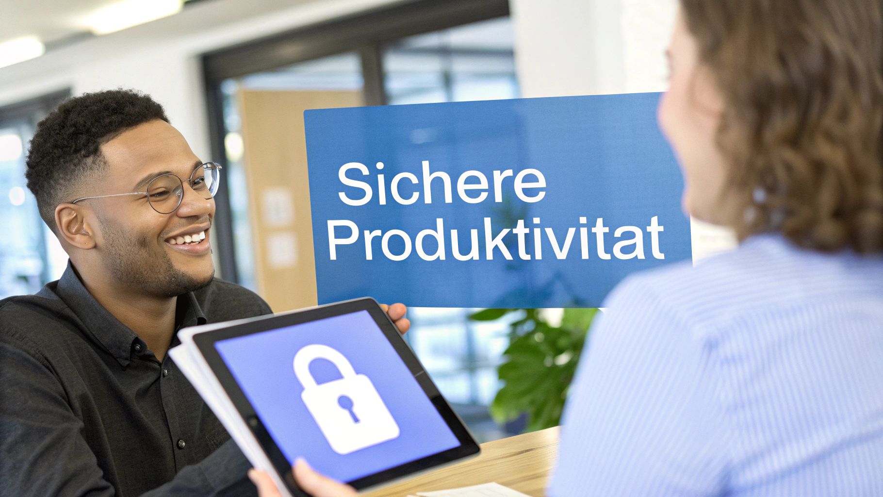 Lachender Mann präsentiert Tablet mit Sicherheitsschloss-Symbol und dem Schriftzug 'Sichere Produktivität'.