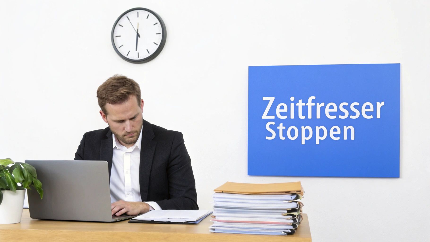 Ein Mann arbeitet konzentriert am Laptop in einem Büro, mit einem Schild 'Zeitfresser Stoppen' an der Wand.