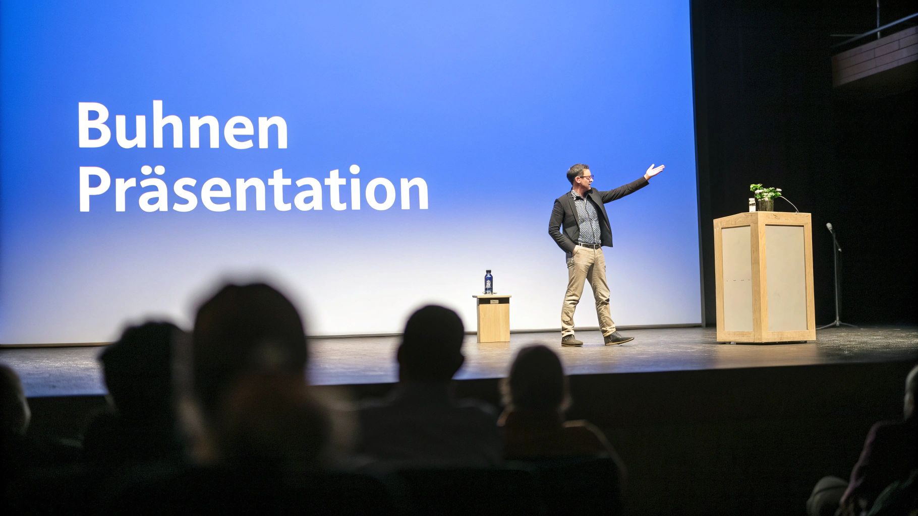 Ein Mann hält eine Bühnenpräsentation vor Publikum mit einem großen blauen Bildschirm im Hintergrund, der "Buhnen Präsentation" anzeigt.