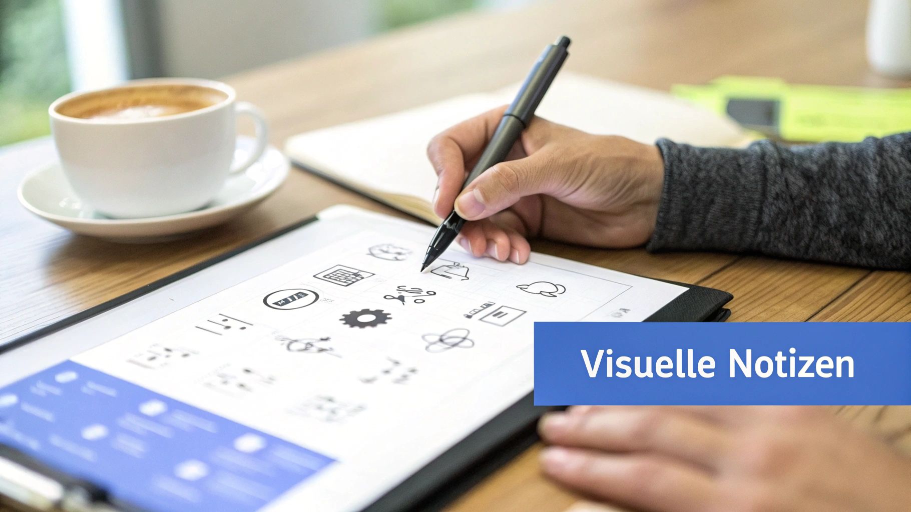 Eine Hand zeichnet mit einem Stift auf einem Tablet, das Skizzen und Icons zeigt, daneben eine Kaffeetasse.