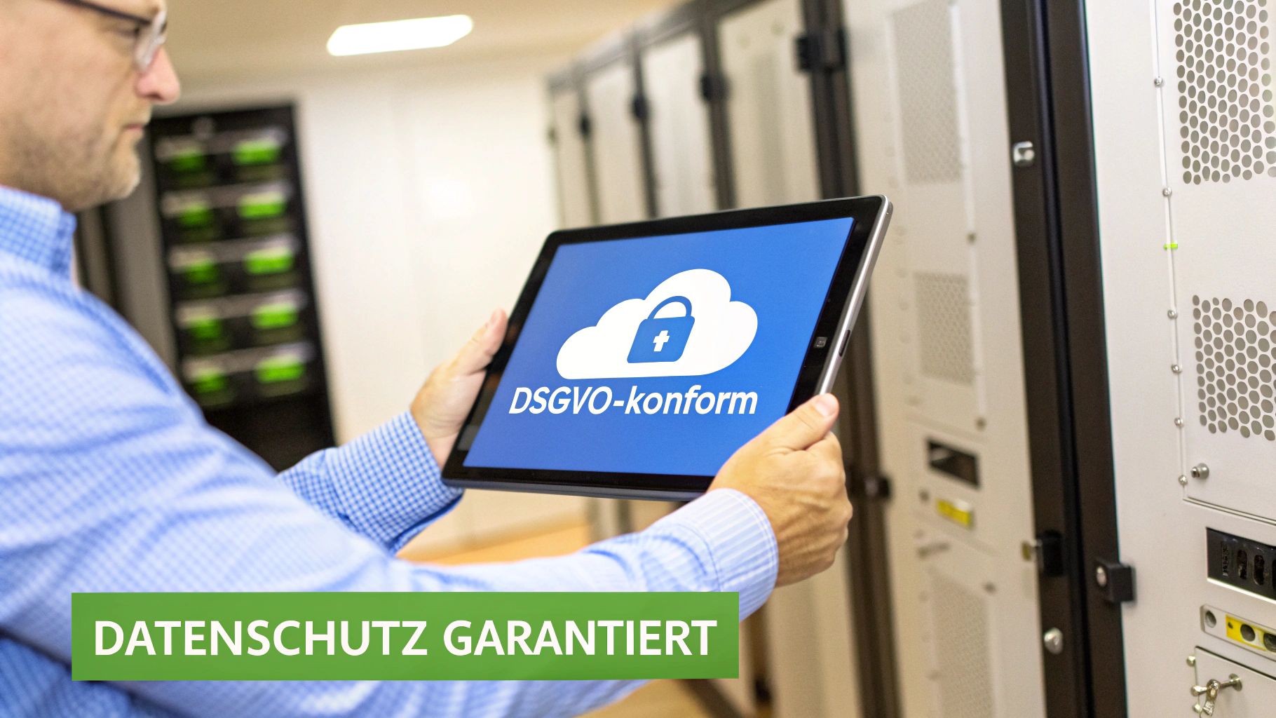 Mann hält Tablet mit DSGVO-konformer Cloud-Sicherheitsanzeige vor Serverracks. Datenschutz garantiert.